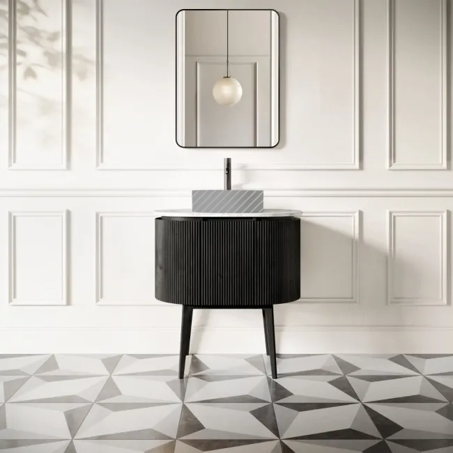 Positano Black Oak Curved Vanity Unit with Carrara Marble Top 800mm - Basin Not Included