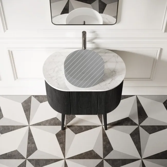 Positano Black Oak Curved Vanity Unit with Carrara Marble Top 800mm - Basin Not Included