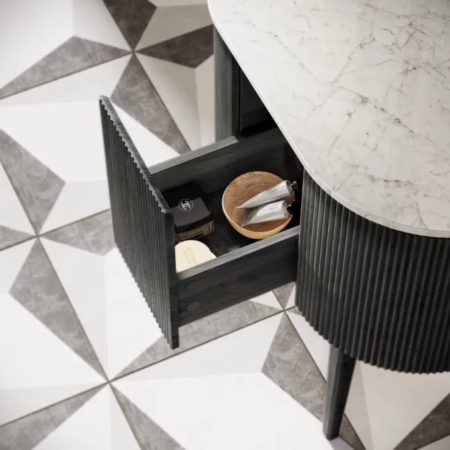 Positano Black Oak Curved Vanity Unit with Carrara Marble Top 800mm - Basin Not Included