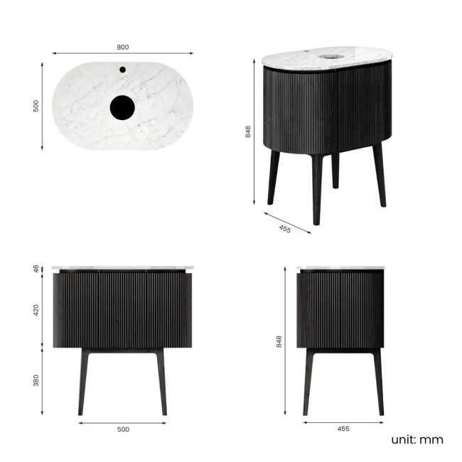 Positano Black Oak Curved Vanity Unit with Carrara Marble Top 800mm - Basin Not Included