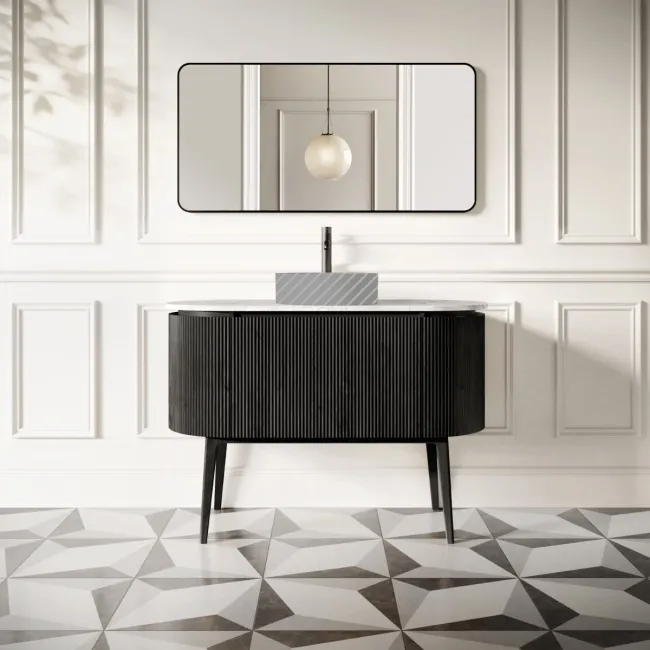Positano Black Oak Curved Vanity Unit with Carrara Marble Top 1200mm - Basin Not Included