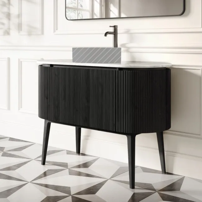 Positano Black Oak Curved Vanity Unit with Carrara Marble Top 1200mm - Basin Not Included