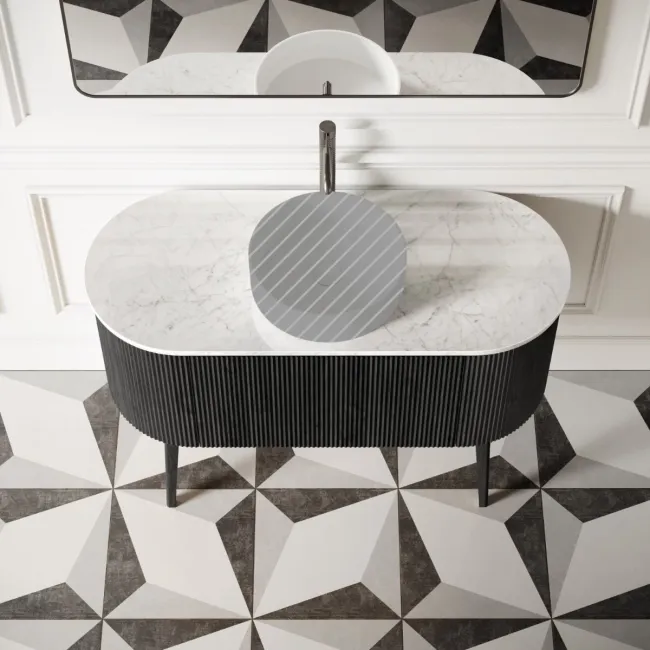 Positano Black Oak Curved Vanity Unit with Carrara Marble Top 1200mm - Basin Not Included