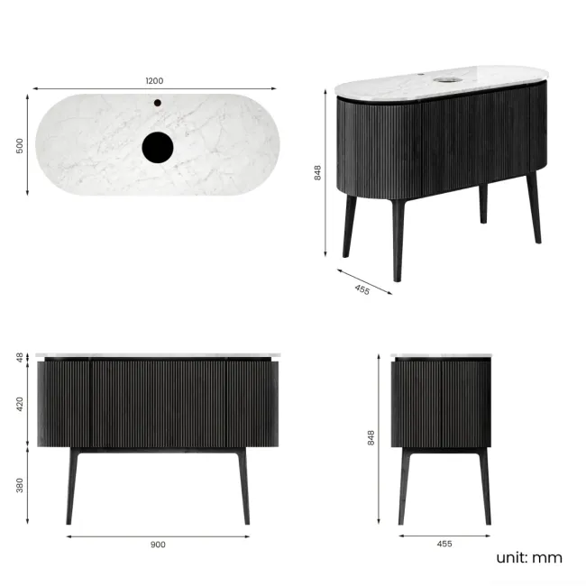 Positano Black Oak Curved Vanity Unit with Carrara Marble Top 1200mm - Basin Not Included