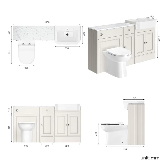 Monaco Cotton White Combination Vanity Traditional Basin with Marble Top and Aruba Toilet 1500mm
