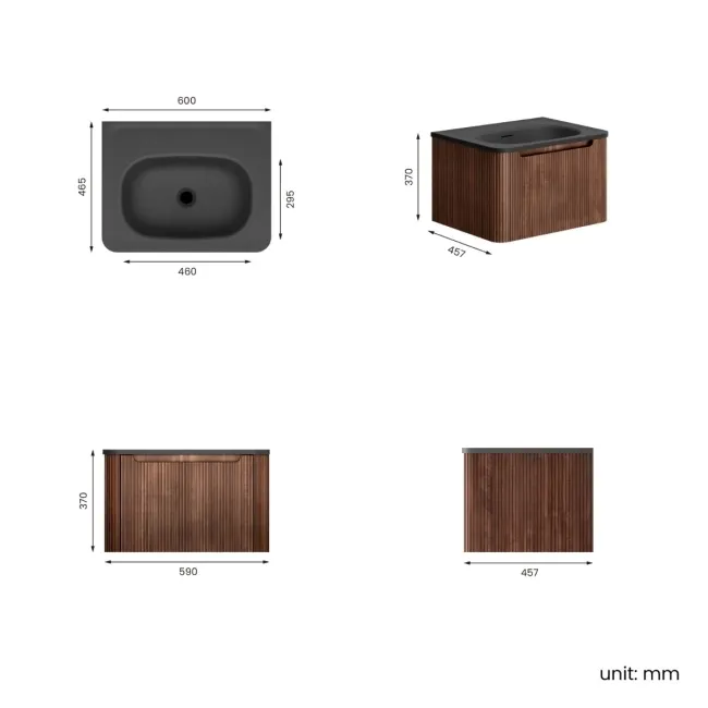 Sorrento Fluted Black Walnut Wall Hung Drawer Vanity with Black Basin 600mm