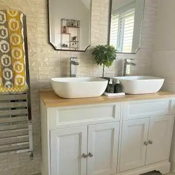 Lucia Chalk White Double Vanity With Oak Effect Top & Curved Counter Top Basin 1200mm