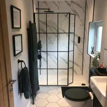 Munich Matt Black Grid Easy Clean 8mm Pivotal Wet Room Shower Glass Return Panel 250mm