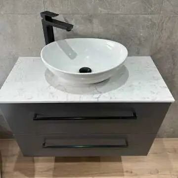Elba Graphite Grey Wall Hung Vanity Marble Top & Oval Counter Top Basin 800mm - Black Accents