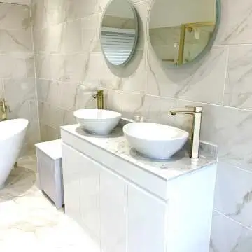 Trent Gloss White Double Vanity Drawer with Marble Top & Oval Counter Top Basin 1200mm