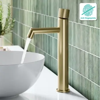 Ennis Brushed Brass High Rise Basin Mixer Tap with Knurled Detailing