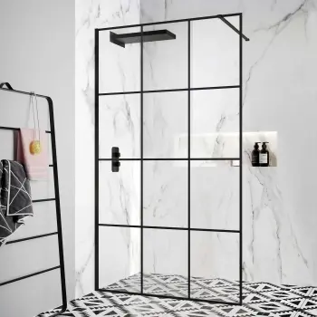 Munich Matt Black Grid Easy Clean 8mm Wet Room Shower Glass Panel 1200mm