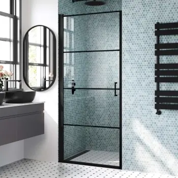 Toulon Matt Black Grid Easy Clean 6mm Pivot Shower Door 900mm