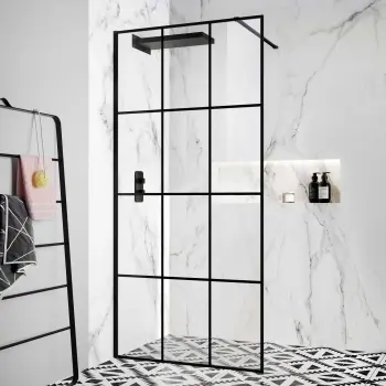 Munich Matt Black Grid Easy Clean 8mm Wet Room Shower Glass Panel 1100mm