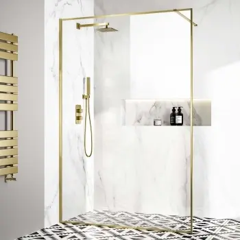 Munich Brushed Brass Framed Easy Clean 8mm Wet Room Shower Glass Panel 1400mm