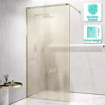 Lyon Brushed Brass 8mm Laminated Wet Room Shower Glass Panel with Gold Mesh Inlay 1000mm