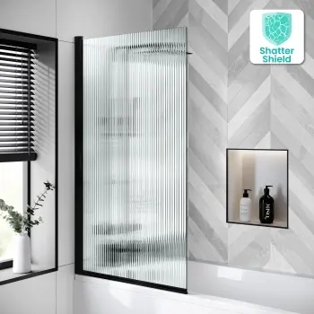 Geneva Fluted Effect Matt Black Easy Clean 6mm Bath Screen - 800mm
