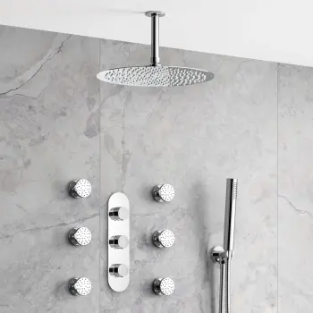 Ballina Premium Ceiling Chrome Round Thermostatic Set - 300mm Head, Hand Shower & Jets