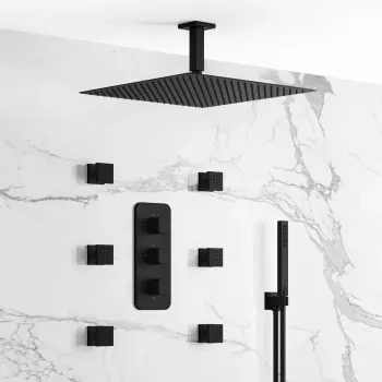 Galway Premium Ceiling Matt Black Square Thermostatic Set - 400mm Head, Hand Shower & Jets