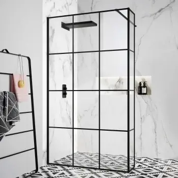 Munich Matt Black Grid 8mm Wet Room Shower Glass 1200mm & 250mm Return Panel