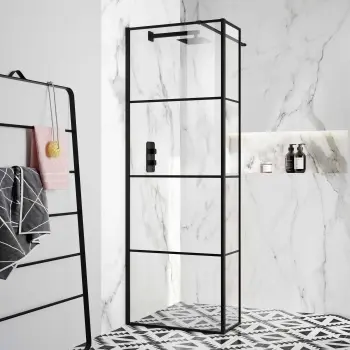 Munich Matt Black Grid 8mm Wet Room Shower Glass 700mm & 250mm Return Panel