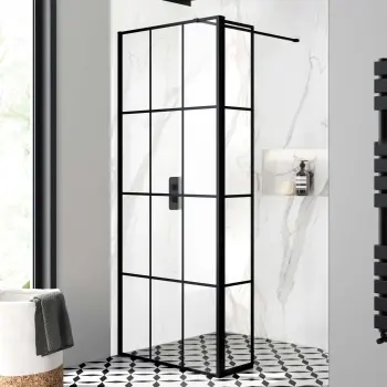 Munich Matt Black Grid 8mm Wet Room Shower Glass 800mm & 250mm Pivotal Return Panel