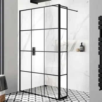 Munich Matt Black Grid 8mm Wet Room Shower Glass 1200mm & 250mm Pivotal Return Panel