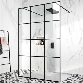 Munich Matt Black Grid 8mm Walk Through Wet Room Shower Glass Panel 1400mm