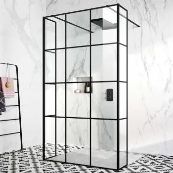 Munich Matt Black Grid 8mm Walk Through Wet Room Shower Glass Panel 1200mm & 250mm Return Panel