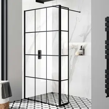 Munich Matt Black Grid 8mm Wet Room Shower Glass 1100mm & 250mm Pivotal Return Panel
