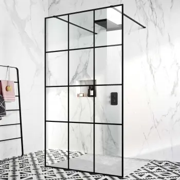 Munich Matt Black Grid 8mm Walk Through Wet Room Shower Glass Panel 1100mm