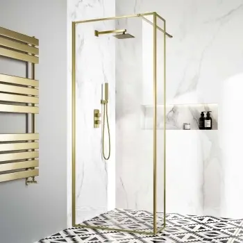 Munich Brushed Brass Framed 8mm Wet Room Shower Glass 800mm & 250mm Return Panel
