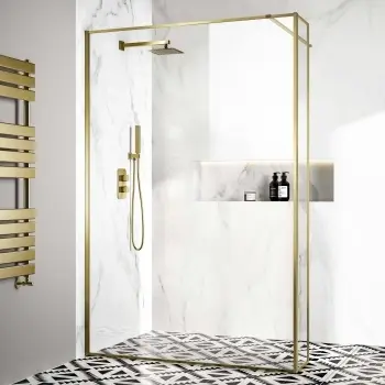 Munich Brushed Brass Framed 8mm Wet Room Shower Glass 1400mm & 250mm Return Panel