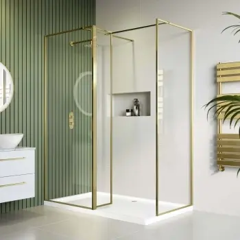 Munich Brushed Brass Framed 8mm Walk In Shower Enclosure 800mm & 800mm Glass with Return Panel