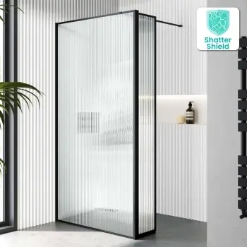 Munich Fluted Effect Matt Black Framed 8mm Wet Room Shower Glass 900mm & 250mm Pivotal Return Panel