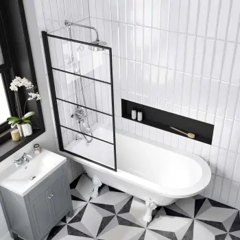 Abingdon 1700 Roll Top Shower Bath - White Claw Feet & 6mm Easy Clean Matt Black Grid Screen