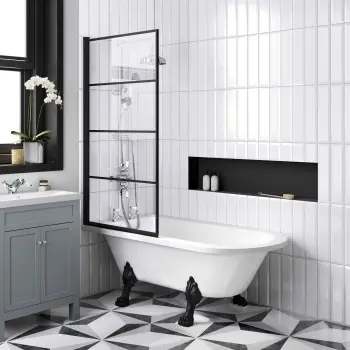 Abingdon 1500 Roll Top Shower Bath - Black Claw Feet & 6mm Easy Clean Matt Black Grid Screen
