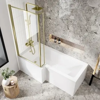 L Shaped 1700 Shower Bath & 6mm Easy Clean Brushed Brass Bath Screen - Left Handed