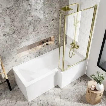 L Shaped 1700 Shower Bath & 6mm Easy Clean Brushed Brass Bath Screen - Right Handed