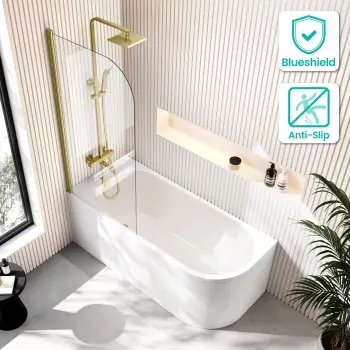 Turku 1500 Space Saving Shower Bath & 6mm Easy Clean Brushed Brass Bath Screen - Left Handed