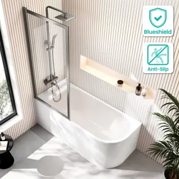 Turku 1500 Space Saving Shower Bath & Premium 8mm Brushed Gunmetal Framed Bath Screen - Left