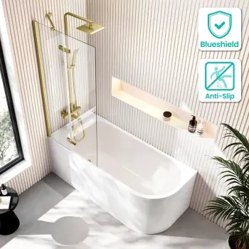 Turku 1500 Space Saving Shower Bath & 6mm Easy Clean Brushed Brass Folding Bath Screen - Left