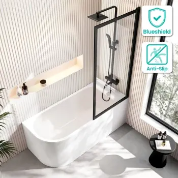 Turku 1500 Space Saving Shower Bath & Premium 8mm Easy Clean Matt Black Framed Bath Screen - Right