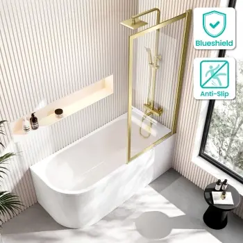 Turku 1500 Space Saving Shower Bath & Premium 8mm Brushed Brass Framed Bath Screen - Right