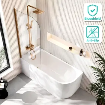 Turku 1600 Space Saving Shower Bath & 6mm Easy Clean Brushed Copper Bath Screen - Left Handed