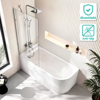 Turku 1600 Space Saving Shower Bath & 6mm Easy Clean Chrome Folding Bath Screen - Left Handed