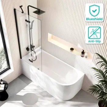 Turku 1600 Space Saving Shower Bath & 6mm Easy Clean Matt Black Folding Bath Screen - Left Handed