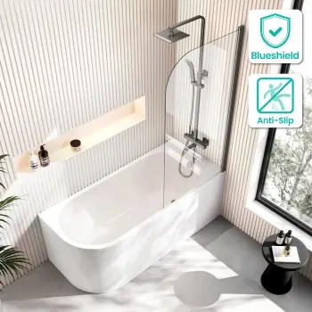 Turku 1600 Space Saving Shower Bath & 6mm Easy Clean Brushed Gunmetal Bath Screen - Right Handed