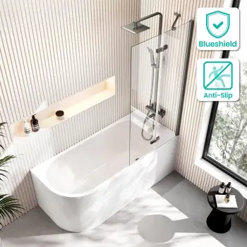 Turku 1600 Space Saving Shower Bath & 6mm Easy Clean Brushed Gunmetal Folding Bath Screen - Right