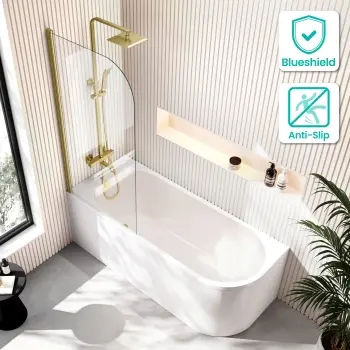 Turku 1700 Space Saving Shower Bath & 6mm Easy Clean Brushed Brass Bath Screen - Left Handed